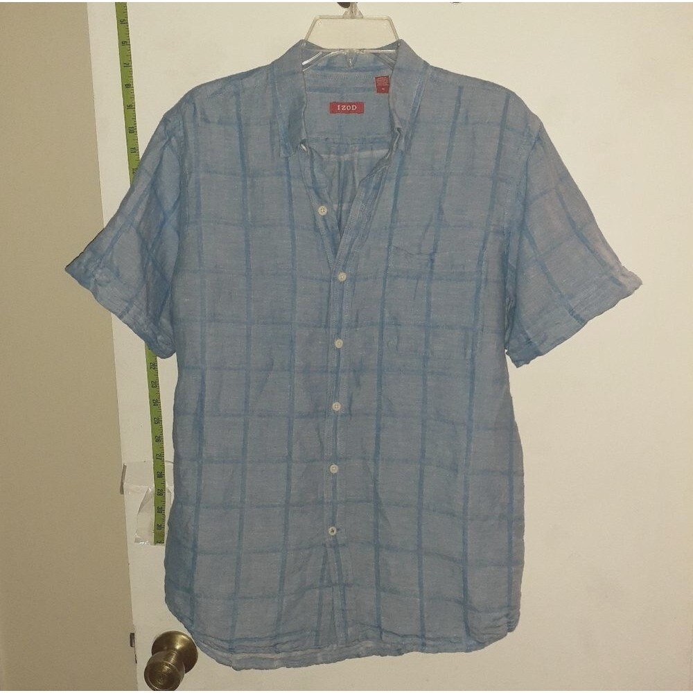 Izod linen cotton shirt mens m blue  blend window pane casual quiet luxury top